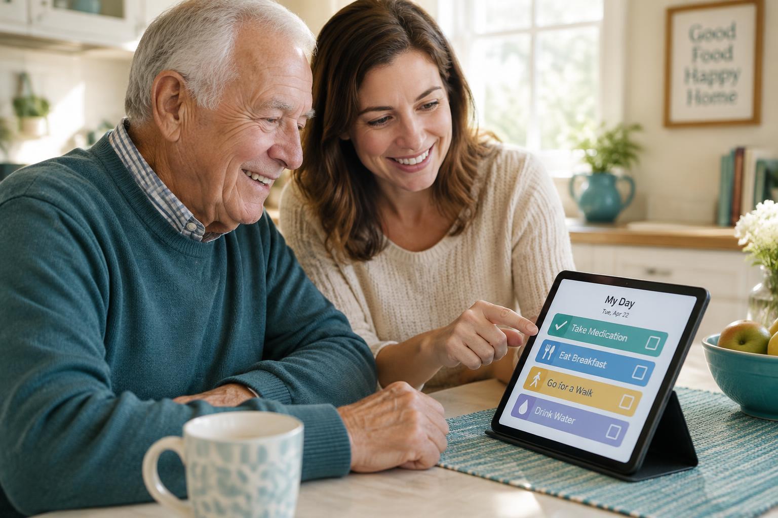 A stroke survivor and his daughter using the my-PathFinder daily checklist on a tablet